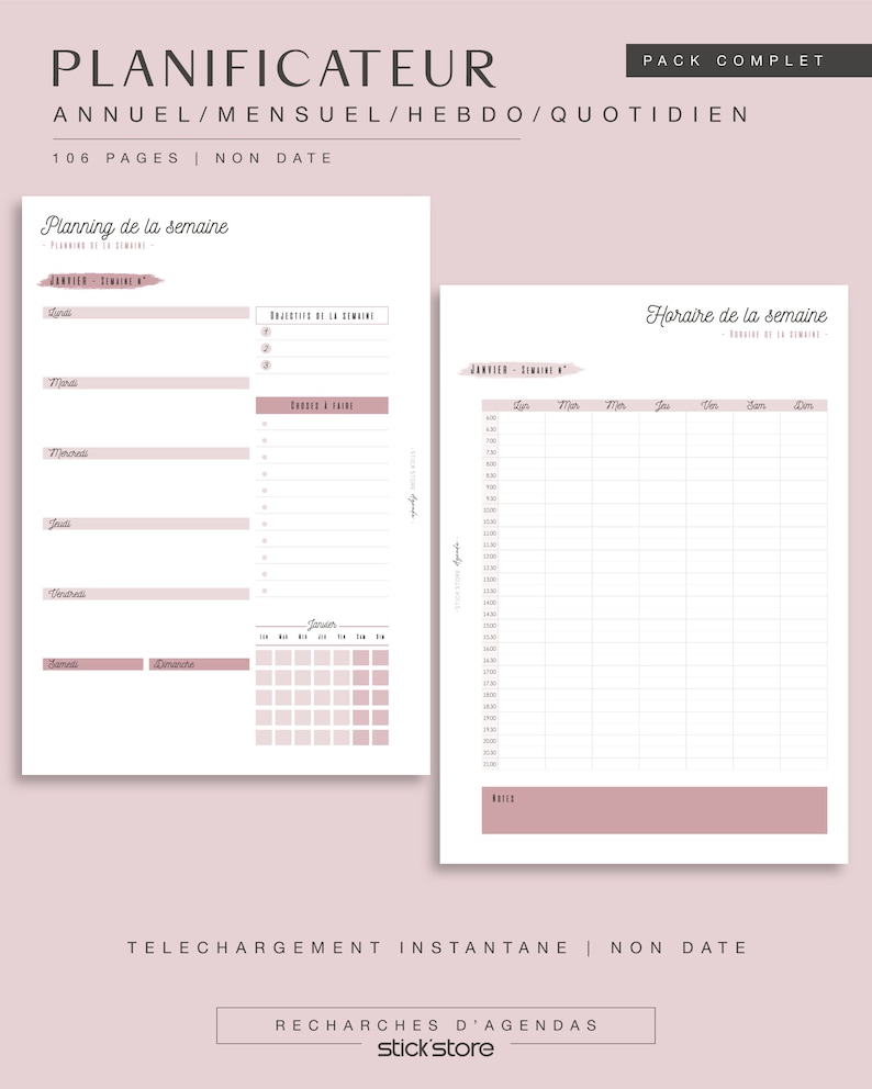 Feuilles d'agenda non daté, pour agenda papier ou digital, planificateur rose A4/A5 en français, jour, semaine, mois année, PDF à imprimer image 6