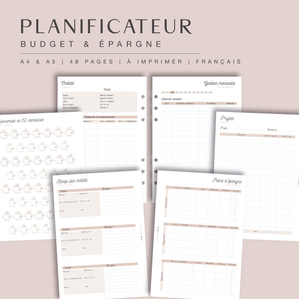 Budget planner beige, version papier et numérique, recharge budget annuel, fiches gestion des dépenses, PDF à télécharger et imprimer