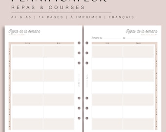 Meal and shopping planner, A4 and A5 inserts for paper diary and digital planner, 14 pages of PDF refills