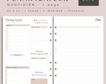 Planning quotidien 1 page beige, recharge pour agenda papier A4 et A5 et agenda digital, planificateur PDF à imprimer