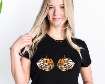 Pumpkin Boob Skeleton Hands Shirt, Funny Halloween Tee