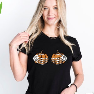 Pumpkin Boobies Shirt, Skeleton Hands Shirt, Pumpkin Boob Tees, Funny Halloween Shirt, Thanksgiving Boobies Shirt, Thanksgiving Shirt