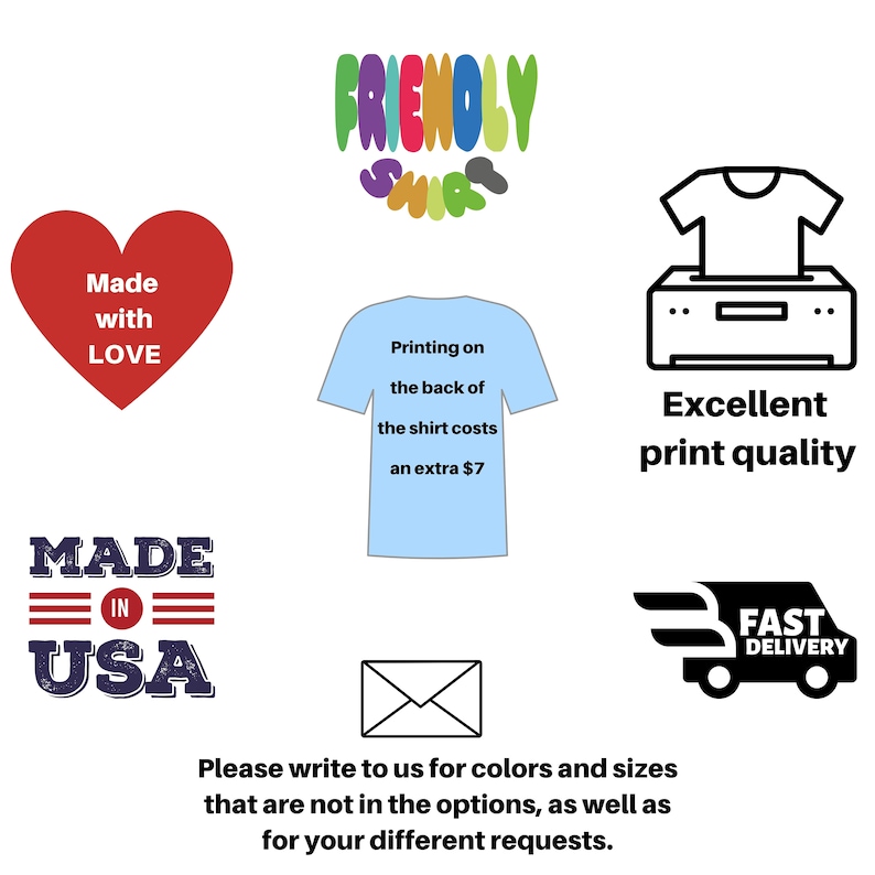 May include: A graphic design for a t-shirt company. The design features a heart with the text "Made with LOVE", a t-shirt with the text "Printing on the back of the shirt costs an extra $7", a printer with the text "Excellent print quality", a truck with the text "FAST DELIVERY", a logo with the text "FRENOLY SHIAS", and the text "MADE IN USA".