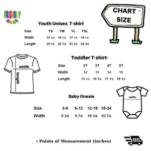 Puede incluir: Tabla de tallas para camisetas unisex para ni&ntilde;os, camisetas para ni&ntilde;os peque&ntilde;os y bodies para beb&eacute;s. La tabla muestra las medidas de ancho y largo en pulgadas para cada talla.