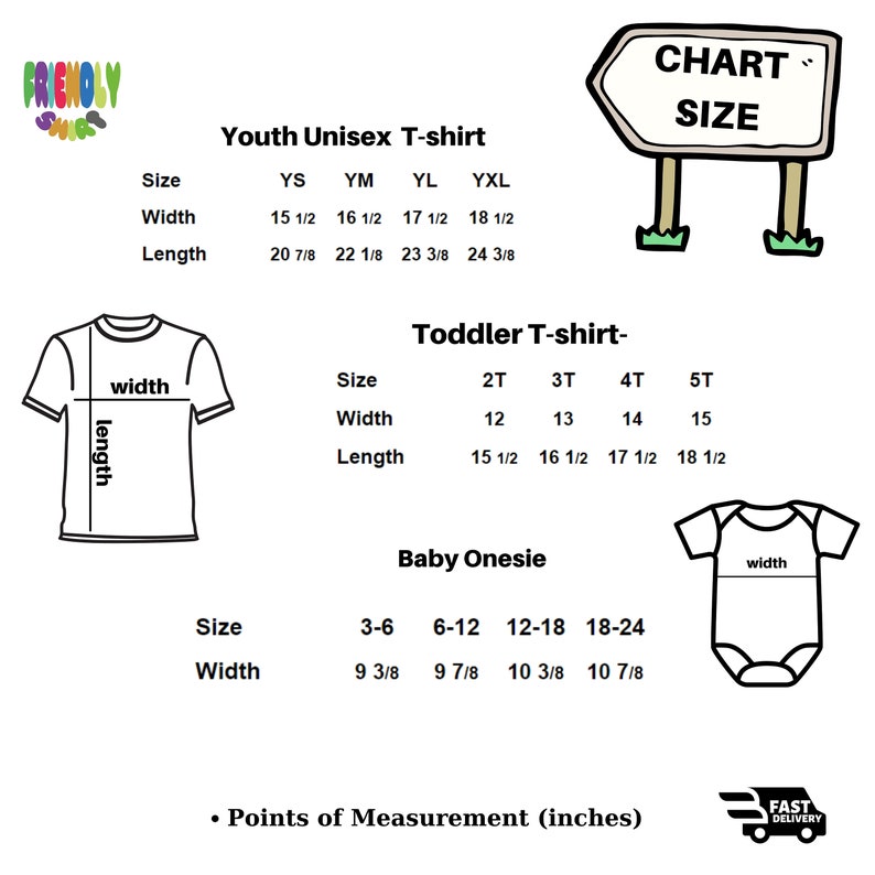 Puede incluir: Tabla de tallas para camisetas unisex para ni&ntilde;os, camisetas para ni&ntilde;os peque&ntilde;os y bodies para beb&eacute;s. La tabla muestra las medidas de ancho y largo en pulgadas para cada talla.