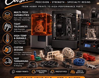May include: An advertisement for custom 3D printing services. The image showcases several 3D printers and various printed objects. Text includes "Custom 3D Printing," "Multi-Tech Capabilities," and "Fast Turnaround." The color scheme is black, orange, and white.