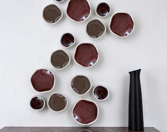 Handmade Ceramic Wall Art: Abstract Burgundy Sculpture Tiles