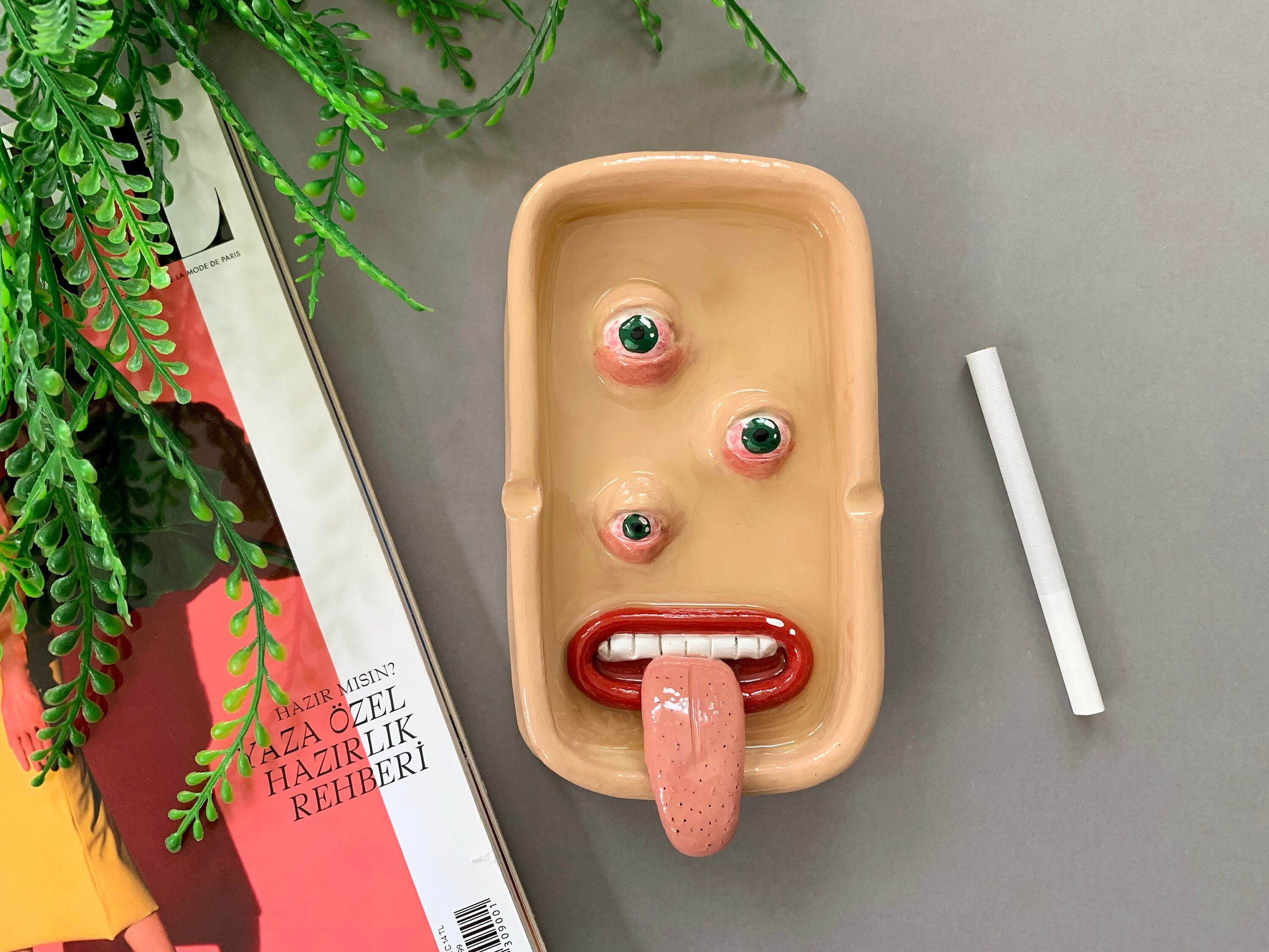 Clay Ashtray Creepy Faces / Air Dry Clay and Resin Ashtray / Creepy