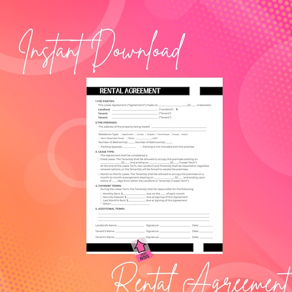 Rental Agreement, Lease Agreement, Digital Rental Agreement, Landlord Forms, Printable Residential Housing Agreement, Digital Lease Contract