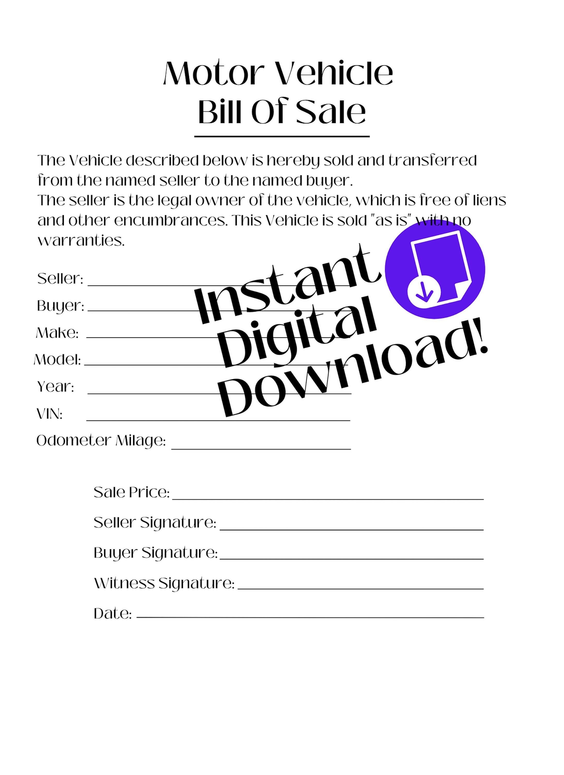 bill of sale digital bill of salebill of sale template car etsy