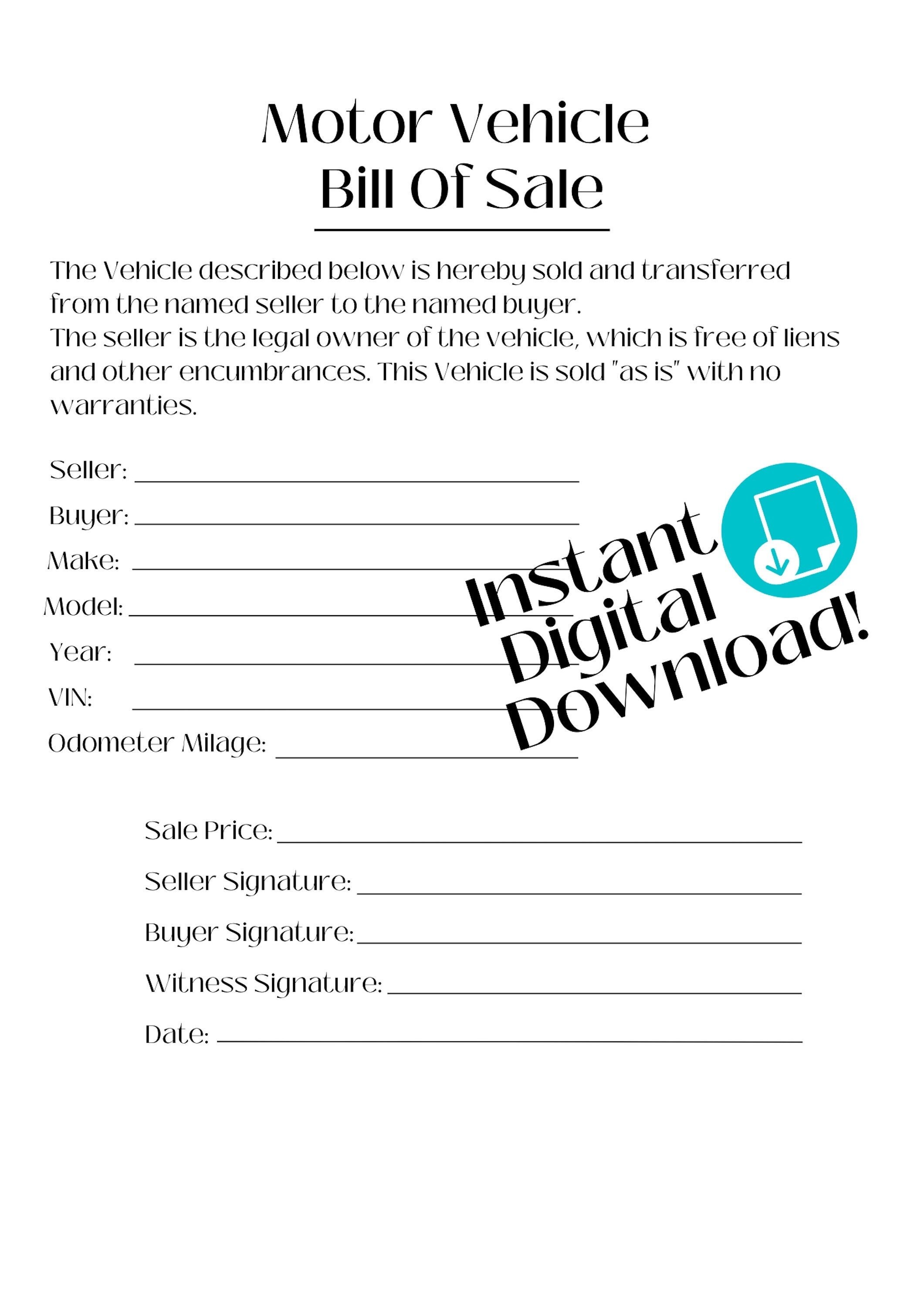 Motor Vehicle Bill of Sale Digital Print Instant Download - Etsy Finland