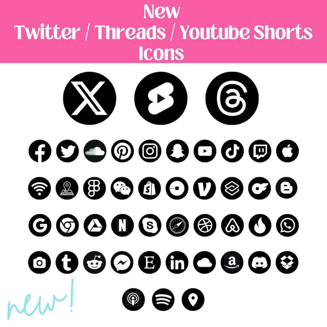 Black Social Media Icons New Twitter, New Threads Icons, Icon Bundle