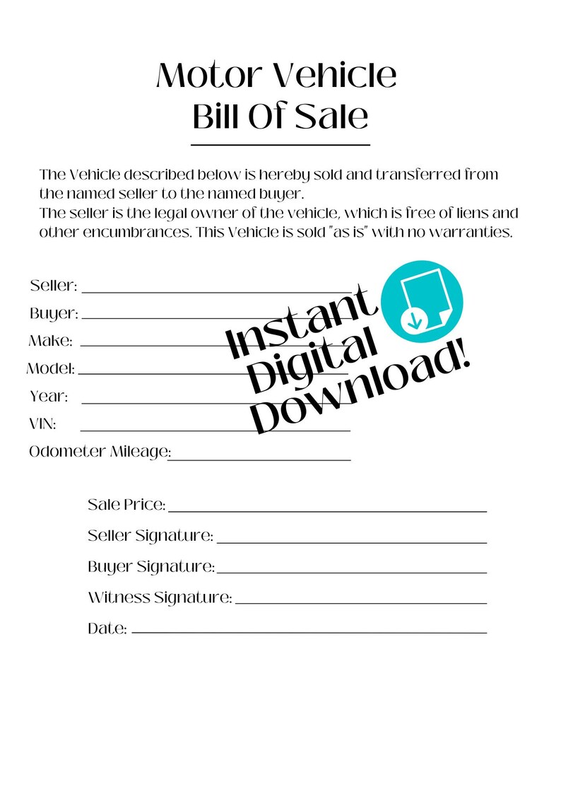 Vehicle Bill of Sale Template | Instant Download, Car Sale Form | Auto ...