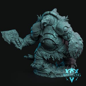 May include: A detailed, teal-colored fantasy miniature of a turtle-like creature, holding a large axe and a shield. The figure is heavily armored with intricate details, and the base features a textured, organic design. The Witchsong logo is visible.