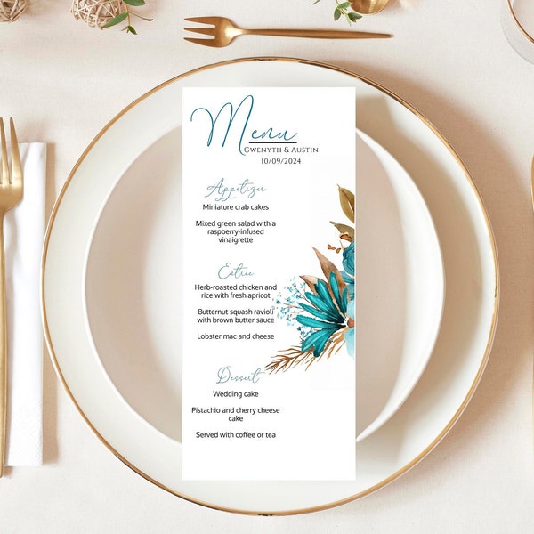 Teal and Bronze Wedding Menu - Editable & Printable, Instant Access for Elegant Reception Decor