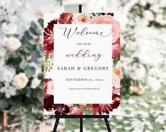 Burgundy & Blush Pink Welcome Sign - Editable, Printable, Perfect for Wedding and Bridal Shower Decor