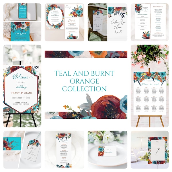 Teal and Burnt Orange Floral Wedding Bundle - 21 Editable Printable templates with E-Save the Date & Invitation, Instant Download