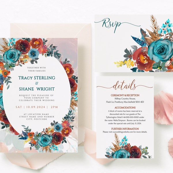 Teal & Orange Floral Wedding Invitation - Editable Printable Suite with Instant Download, Paperless E-Invite Option available