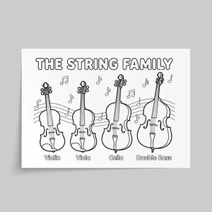 Coloring Page Stringed Instruments, Musical Instrument Coloring, Music Classroom Activity, String Family Poster, Violin Viola Cello Bass