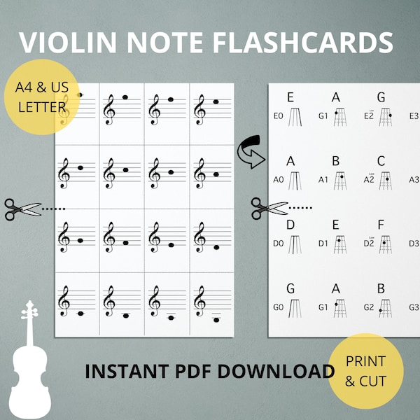 VIOLIN NOTE FLASHCARDS -Instant Download, Learn The Violin Notes, Beginner Music Note Reading Flash cards, Treble Clef Flash Cards Violin