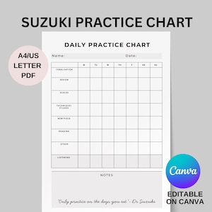 スズキ練習チャート、音楽練習記録、編集可能な練習シート、スズキバイオリン、ピアノ、チェロ、音楽教師向けリソース、印刷可能なPDF