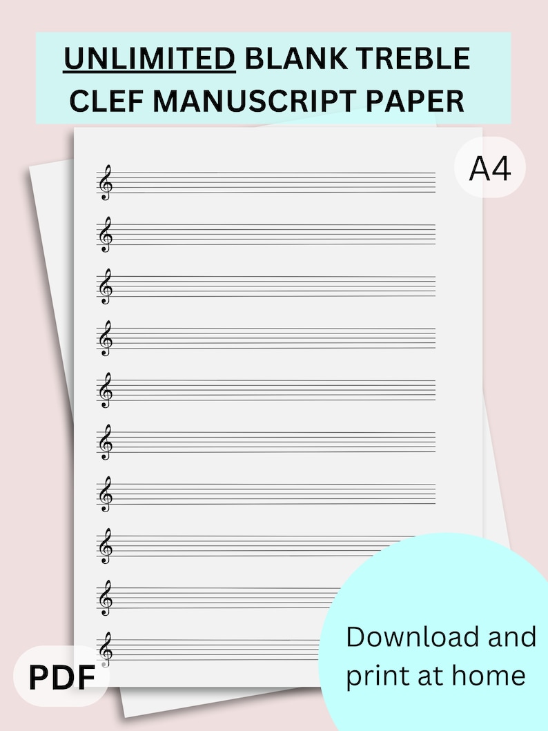 BLANK MANUSCRIPT PAPER Treble Clef, Unlimited Print at Home Staff Paper