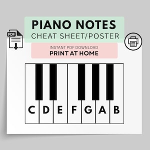 Może przedstawiać: Cyfrowy plakat ze ściągawką nut fortepianowych z grafiką klawiszy fortepianu oznaczonych literami C, D, E, F, G, A i B. Tekst brzmi PIANO NOTES CHEAT SHEET/POSTER oraz INSTANT PDF DOWNLOAD PRINT AT HOME z ikonami PDF i drukarki.