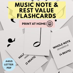 Pode incluir: Cartões brancos com notas musicais pretas e texto. Os cartões incluem termos como "Nota inteira" e "Mínima" com valores de tempo. A faixa superior diz "Flashcards de valor de nota e pausa". O texto "Imprimir em casa" também é visível.