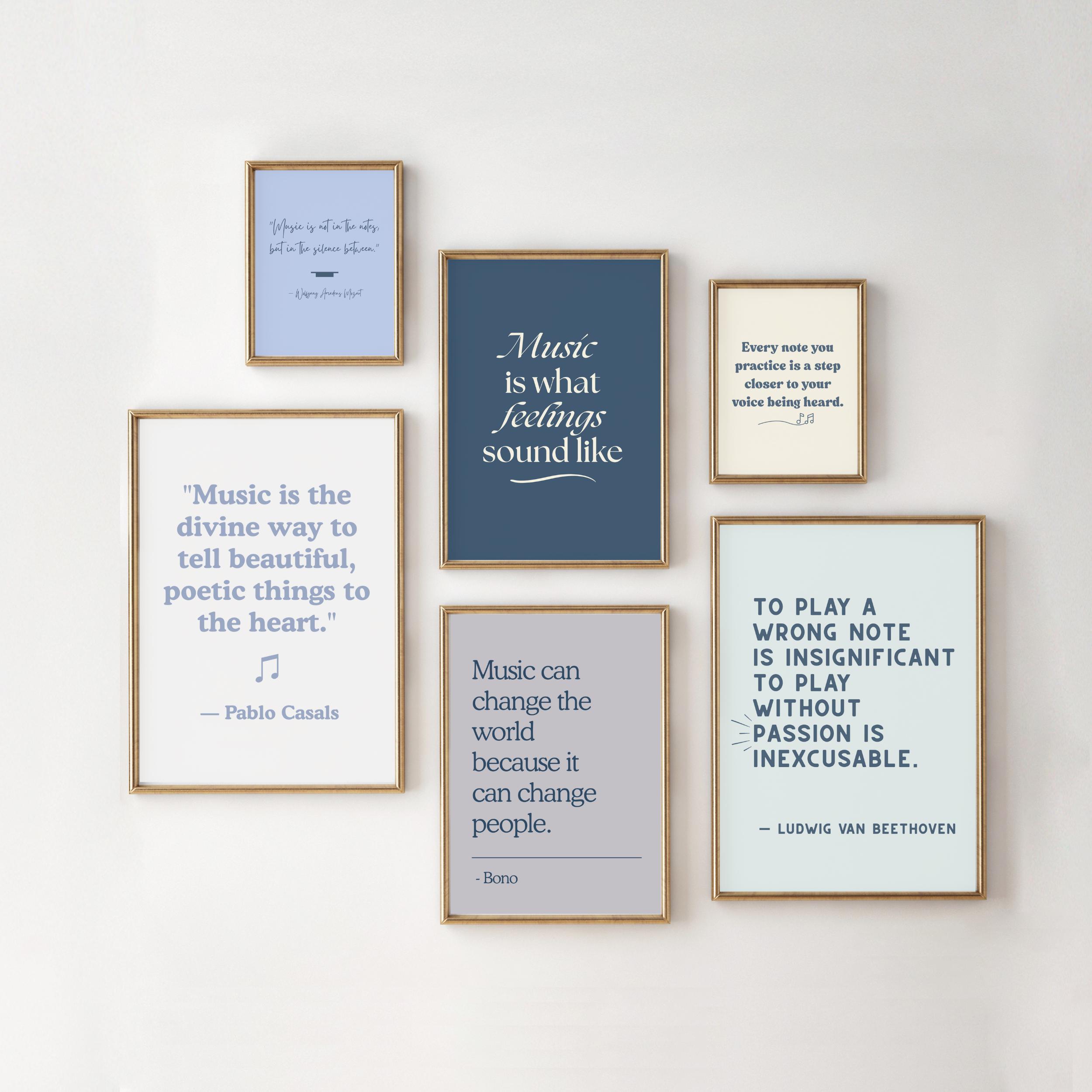 Inspirational Music Quote Wall Art Bundle, Blue Music Studio Gallery Art, Music Classroom Decor, 6 Music Posters, Classical Musician Gift