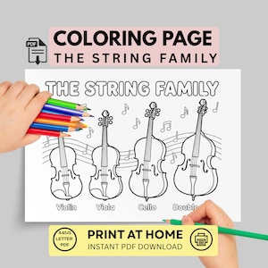String Instruments Coloring Page, Musical Instrument Coloring, Music Classroom Activity, String Family Poster, Violin Viola Cello Bass