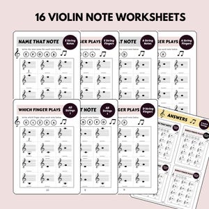 Puede incluir: 16 hojas de trabajo imprimibles de notas de violín para aprender música. Las hojas de trabajo incluyen ejercicios para nombrar las notas, identificar qué dedo toca cada nota e identificar qué cuerda toca cada nota.