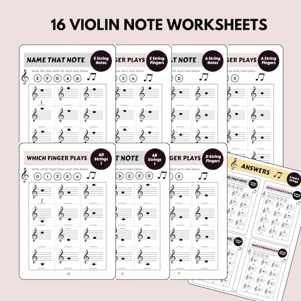 Hoja de trabajo de notas de violín para principiantes, Nombre de las notas y dedos del violín (PDF), Recurso para profesores de violín, Teoría musical, Aprender a leer música de violín