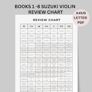 TABLA DE REPASO Violín Suzuki, Libros 1-8 Hoja de práctica, Hoja de repaso de violín, Recurso para profesores de música, PDF imprimible A4 y Carta EE. UU.
