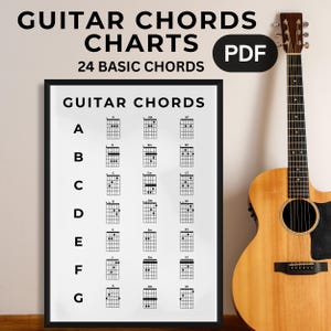 TABLA DE ACORDES DE GUITARRA, Acordes básicos de guitarra, 24 tablaturas de guitarra esenciales para principiantes, Póster minimalista, Recurso didáctico, Regalo para guitarristas