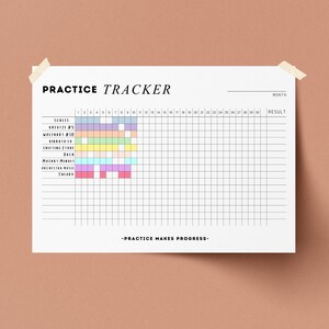 May include: A white practice tracker sheet with the words "PRACTICE TRACKER" at the top. The sheet has a grid for tracking practice sessions, with colorful blocks indicating completed tasks. The text "-PRACTICE MAKES PROGRESS-" is at the bottom.