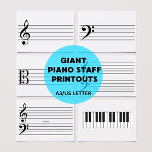 Puede incluir: Impresiones en papel blanco con líneas de pentagrama y símbolos de clave. Un círculo azul en el centro dice "GIANT PIANO STAFF PRINTOUTS" y "A3/US LETTER". Incluye ilustraciones de clave de sol, clave de fa y teclado de piano.