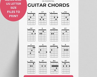 Tabela de acordes para guitarra para iniciantes, 16 acordes básicos, guia de tablaturas essenciais e fáceis, aprenda sozinho, pôster minimalista de música