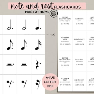 Può includere: Flashcard stampabili con note e pause musicali. Le carte mostrano vari valori di note, tra cui note con il punto, semiminime e crome, insieme ai loro simboli di pausa corrispondenti. Il testo "note and rest FLASHCARDS" è in alto.