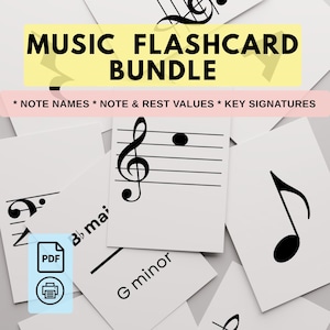 May include: A music flashcard bundle featuring white cards with black musical notation, including treble clefs, notes, and key signatures. Text on the cards reads MUSIC FLASHCARD BUNDLE, NOTE NAMES, NOTE & REST VALUES, KEY SIGNATURES, Bb major, and G minor.