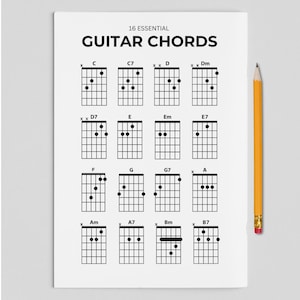 May include: A white sheet of paper with the text "16 ESSENTIAL GUITAR CHORDS" and diagrams of guitar chords. A yellow pencil with a gold band and a pink eraser rests on the right side of the paper.