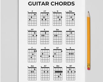 Tabela de acordes para guitarra para iniciantes, 16 acordes básicos, guia de tablaturas essenciais e fáceis, aprenda sozinho, pôster minimalista de música