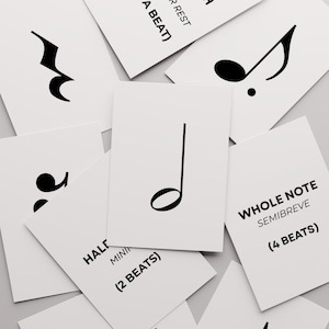 May include: A collection of white cards with black musical notes and text. The cards display various musical symbols, including a whole note, half note, and quarter rest. Text on the cards includes "WHOLE NOTE SEMIBREVE (4 BEATS)" and "HALF MINIM (2 BEATS)".