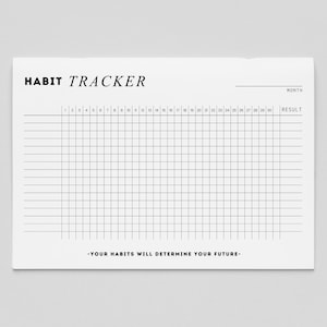 Könnte beinhalten: Ein weißer Gewohnheitstracker mit den Worten "HABIT TRACKER" oben. Der Tracker hat ein Raster zur Verfolgung täglicher Gewohnheiten, mit den Zahlen 1-30 oben und dem Wort "RESULT" rechts. Unten steht "-DEINE GEWOHNHEITEN BESTIMMEN DEINE ZUKUNFT-".