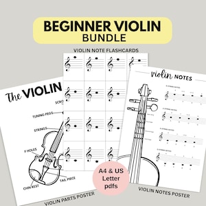 Puede incluir: Un paquete para violín principiante con tres pósteres blancos, texto negro e ilustraciones. Incluye un diagrama de las partes del violín, tarjetas de notas y una tabla de notas. El texto incluye A4 & US Letter pdfs.