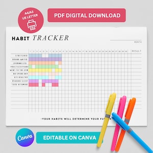 Könnte beinhalten: Ein weißer Gewohnheits-Tracker mit dem Text "Habit Tracker" und einem Raster zur Verfolgung täglicher Gewohnheiten. Der Tracker enthält Aufforderungen zum Dehnen, Wassertrinken, Tagebuchführen und mehr. Das Bild zeigt auch bunte Stifte und den Text "PDF DIGITAL DOWNLOAD".