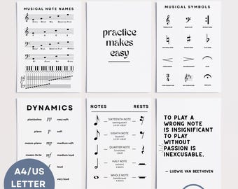 6 Beginner Music Posters, Set of Music Education Handouts, Beginner Pianist Cheat Sheets, Music Teacher Resource, Music Classroom Decor.