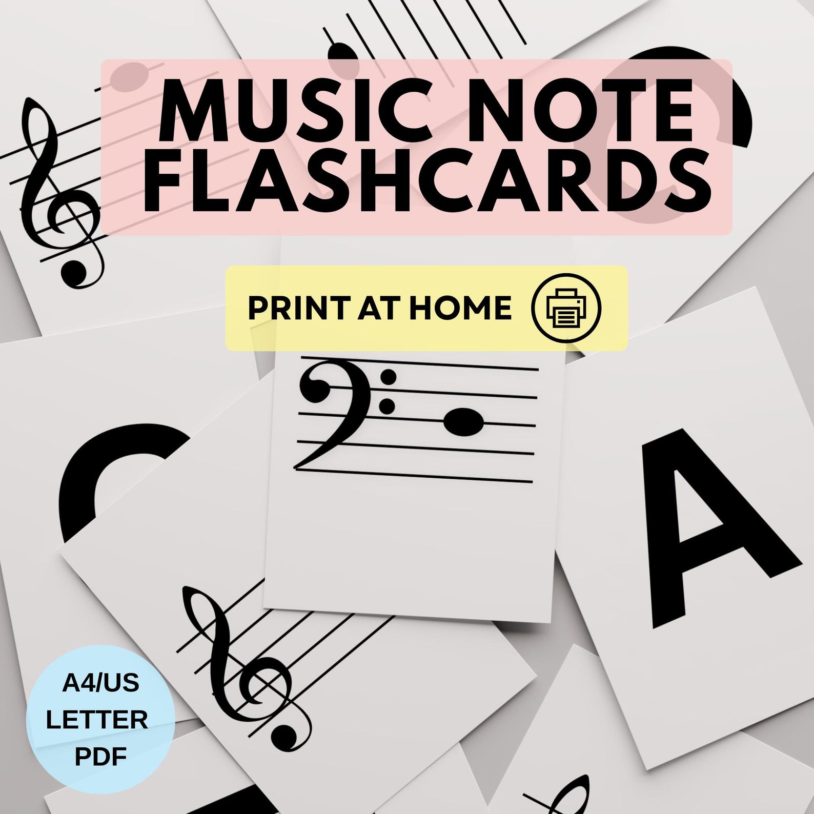 MUSIC NOTE FLASHCARDS Printable- Piano Note Flash Cards, Bass and ...