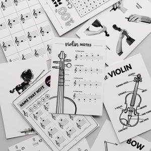 May include: A collection of educational violin instructional sheets featuring black and white diagrams, musical staves, note charts, and labelled anatomy of a violin, including parts like the scroll, tuning pegs, neck, bridge, and chin rest.