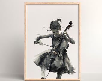 Cello Wall Art, Cello Poster, Cellist Gift, Young Cellist Ink Drawing, Cello Gifts, Music Decor, Music Classroom, Music Poster, JPG Download