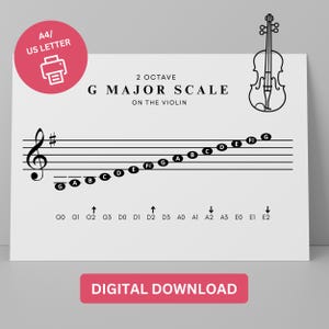 以下が含まれることがあります： バイオリンの音階を示す白いプリント。テキストは「2 Octave G Major Scale on the Violin」と書かれています。楽譜、音名、バイオリンのイラストが含まれています。「Digital Download」の文字も表示されています。